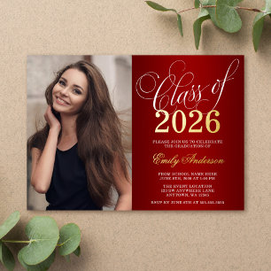 Invitación Con Relieve Metalizado Script Red 2025 Photo Graduation Party Gold