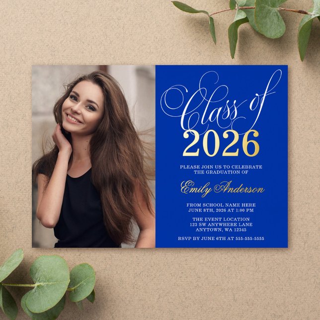 Invitación Con Relieve Metalizado Script Royal Blue 2025 Photo Graduation Party Gold (Subido por el creador)