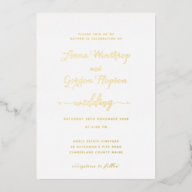 Invitación Con Relieve Metalizado Script Swash Calligraphy Boda Gold (Anverso)