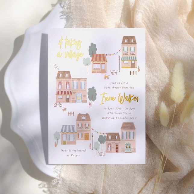 Invitación Con Relieve Metalizado Se Necesita Un Pueblo Baby Shower Sin Distinción D (Subido por el creador)