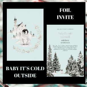 Invitación Con Relieve Metalizado Seafoam Penquin Baby Está Afuera Frío Plata