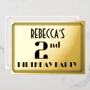 Invitación Con Relieve Metalizado Segundo Fiesta de cumpleaños: Art Deco mira "2" y