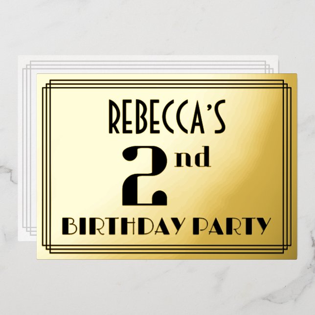 Invitación Con Relieve Metalizado Segundo Fiesta de cumpleaños: Art Deco mira "2" y  (Anverso/Reverso)