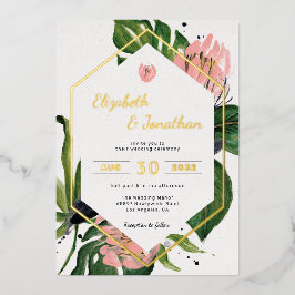Invitación Con Relieve Metalizado Selva tropical floral flor rosa moderno y hojas