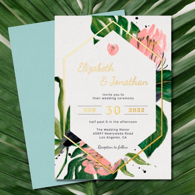 Invitación Con Relieve Metalizado Selva tropical floral flor rosa moderno y hojas (Subido por el creador)