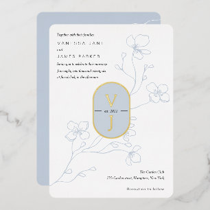 Invitación Con Relieve Metalizado Sencilla boda de jardín floral azul polvoriento mo