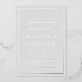 Invitación Con Relieve Metalizado Sencilla Boda Elegante en Monograma Gris Claro