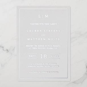 Invitación Con Relieve Metalizado Sencilla Boda Elegante en Monograma Gris Claro