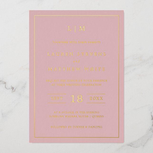 Invitación Con Relieve Metalizado Sencilla boda elegante monograma rosa claro (Anverso)