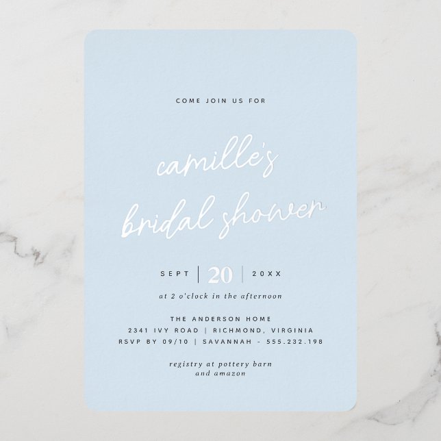 Invitación Con Relieve Metalizado Sencilla ducha de novia azul claro y plateado (Anverso)