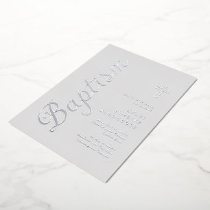 Invitación Con Relieve Metalizado Sencilla elegancia Silver Script Baptismo Gris sua