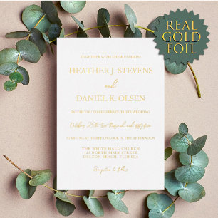 Invitación Con Relieve Metalizado Sencilla Elegante Boda Tipografía Blanca Dorada
