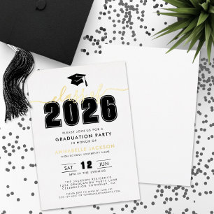Invitación Con Relieve Metalizado Sencilla Fiesta de Graduación Blanca y Negra con D