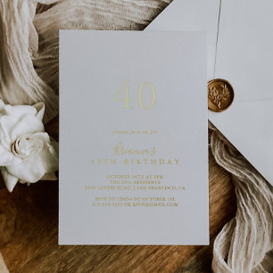 Invitación Con Relieve Metalizado Sencilla Fiesta Minimalista de 40 Cumpleaños en Do