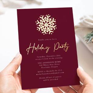 Invitación Con Relieve Metalizado Sencilla Fiesta Navideña con Vino y Copo de Nieve