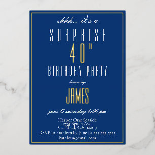 Invitación Con Relieve Metalizado Sencilla Marina Elegante Moderna 40 cumpleaños