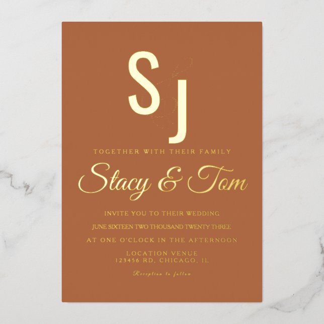 Invitación Con Relieve Metalizado Sencilla Monogramada Ampersand Terracotta Presiona (Anverso)