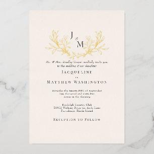 Invitación Con Relieve Metalizado Sencillamente Elegante Crema Foliage Boda Gold