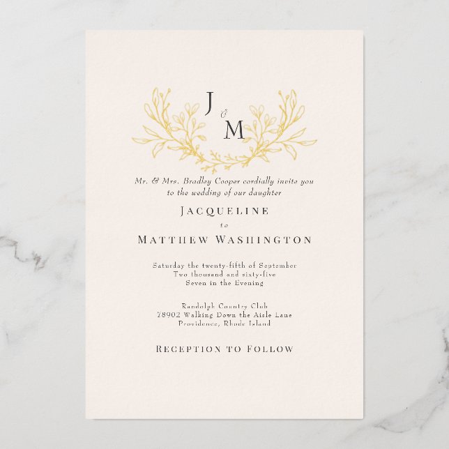 Invitación Con Relieve Metalizado Sencillamente Elegante Crema Foliage Boda Gold (Anverso)