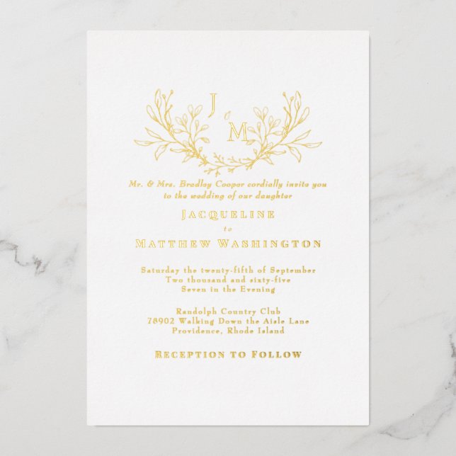 Invitación Con Relieve Metalizado Sencillamente Elegante Foliage White Boda Gold (Anverso)