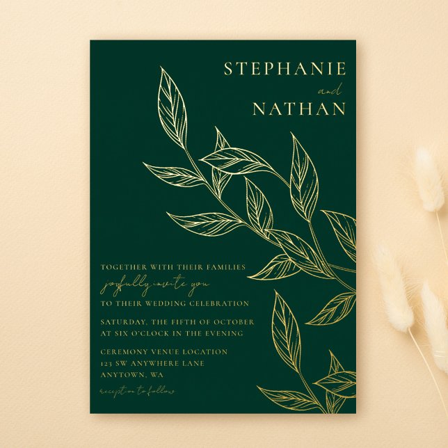 Invitación Con Relieve Metalizado Sencillas hojas modernas de oro Boda verde esmeral (Subido por el creador)