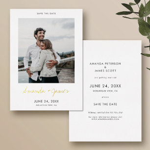 Invitación Con Relieve Metalizado Sencillo Ahorro de Fecha de Boda con Foto en Dorad