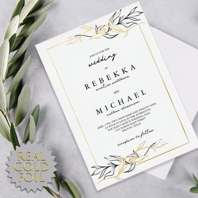 Invitación Con Relieve Metalizado Sencillo elegante Boda de follaje blanco negro rea (Subido por el creador)