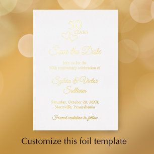 Invitación Con Relieve Metalizado Sencillo Elegante Corazón Dorado 50 Aniversario de