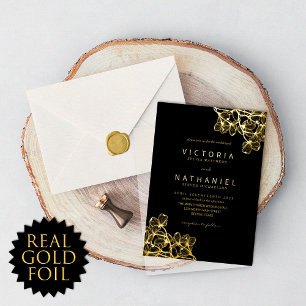 Invitación Con Relieve Metalizado Sencillo Elegante Floral Boda de Verano Oro Real