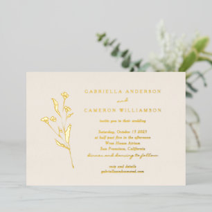 Invitación Con Relieve Metalizado Sencillo Elegante Floral Marfil Negro Dibujo Boda 