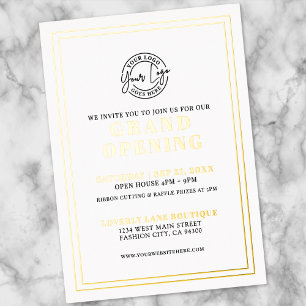 Invitación Con Relieve Metalizado Sencillo Logo Negocio Gran Apertura Dorado