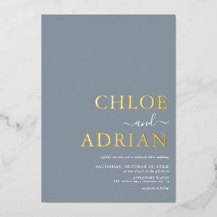 Invitación Con Relieve Metalizado Sencillo Minimal Azul Polvoriento Boda Oro