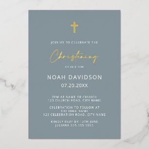 Invitación Con Relieve Metalizado Sencillo Minimalista Bautizo Gris Azul & Oro Real