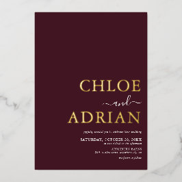 Invitación Con Relieve Metalizado Sencillo Minimalista Burgundy Boda Dorado