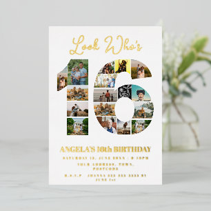 Invitación Con Relieve Metalizado sencillo mira quién cumple 16 Collage de fotos cum