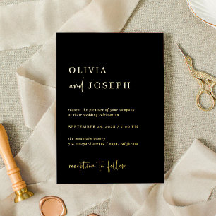 Invitación Con Relieve Metalizado Sencillo negro moderno y Minimalista   Boda Gold