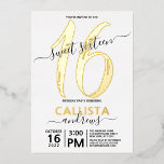 Invitación Con Relieve Metalizado Sencillo oro real dulce blanco 16 cumpleaños<br><div class="desc">Esta sencilla, femenina y elegante y dulce invitación para 16 cumpleaños es perfecta para el día especial de su hija. Presenta un verdadero Relieve metalizado dorado, "16", y el nombre de su hija junto con la tipografía de escritura de marca de coincidencia sobre un fondo blanco. Es moda, mínima, bonito,...</div>