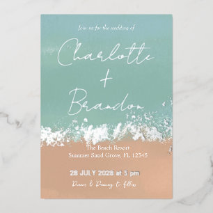 Invitación Con Relieve Metalizado Sencillo veraniego de playa de bodas de playa plat