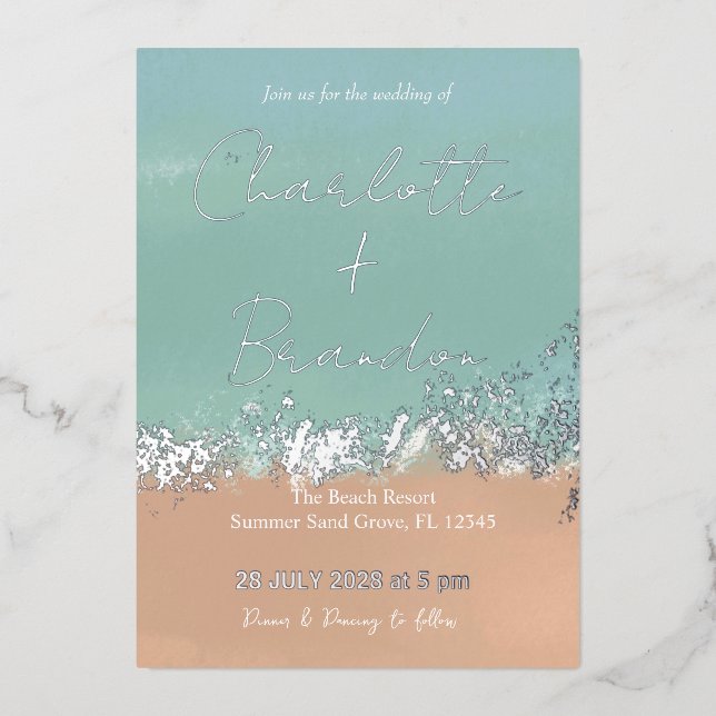 Invitación Con Relieve Metalizado Sencillo veraniego de playa de bodas de playa plat (Anverso)