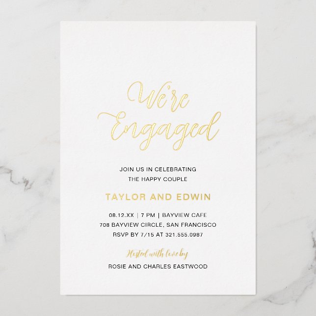 Invitación Con Relieve Metalizado Sencillo y elegante fiesta de compromiso de oro (Anverso)