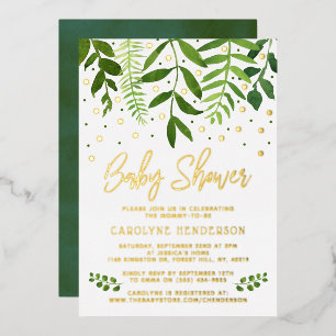Invitación Con Relieve Metalizado Sencillo y elegante follaje y oro Baby Shower Real