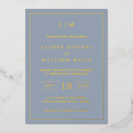 Invitación Con Relieve Metalizado Sencillo y turbio Monograma Azul Elegante Boda