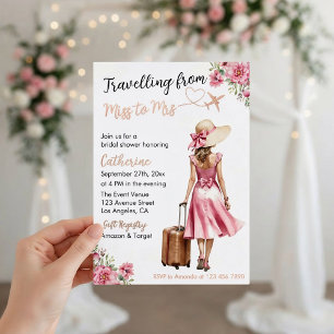 Invitación Con Relieve Metalizado Señorita a Señora Viaje Vestido de Arco Rosa Ducha