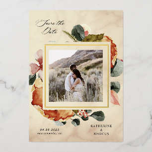 Invitación Con Relieve Metalizado sentir otoñal floral elegante guardar la fecha