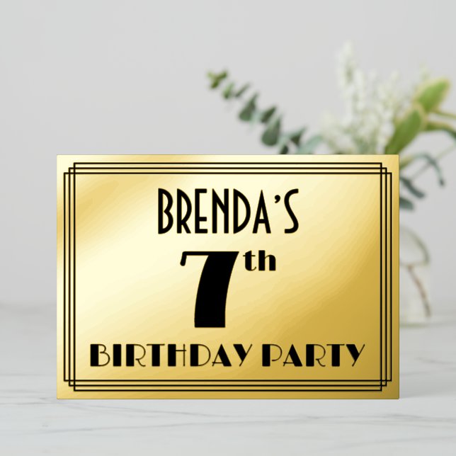 Invitación Con Relieve Metalizado Séptima fiesta de cumpleaños — Art Deco Look "7" + (Anverso de pie)