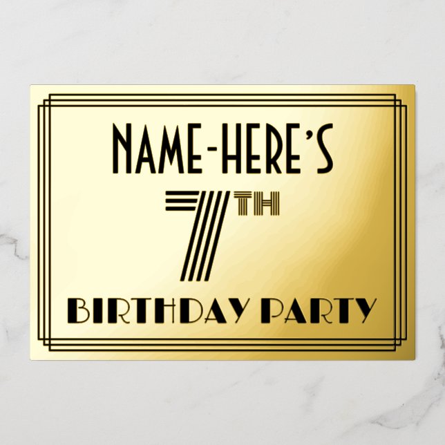 Invitación Con Relieve Metalizado Séptima fiesta de cumpleaños - Estilo Art Deco "7" (Anverso)