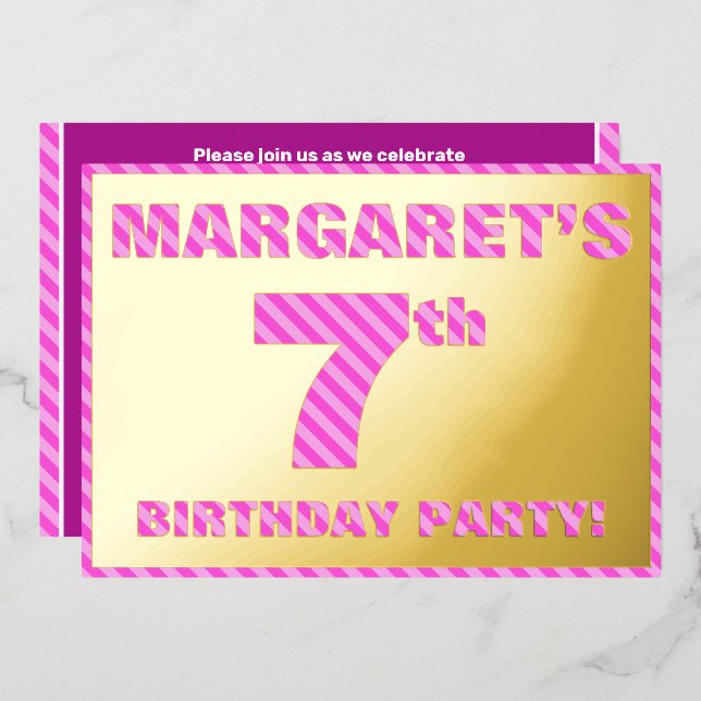 Invitación Con Relieve Metalizado Séptima fiesta de cumpleaños — Negrita, diversión, (Anverso/Reverso)