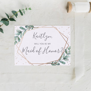 Invitación Con Relieve Metalizado ¿Serás Mi Mujer De Honor Eucalyptus Geométrico?