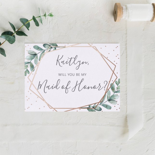 Invitación Con Relieve Metalizado ¿Serás Mi Mujer De Honor Eucalyptus Geométrico? (Subido por el creador)