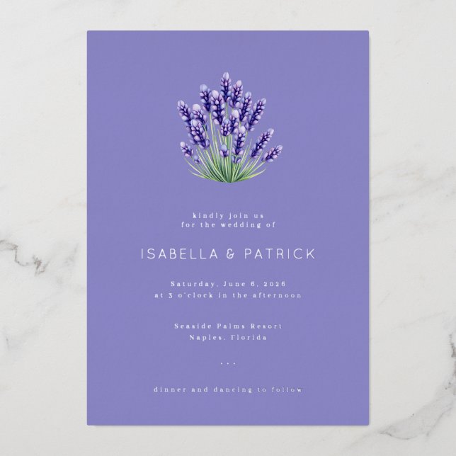 Invitación Con Relieve Metalizado Serene Lavender Floral Bouquet (Anverso)